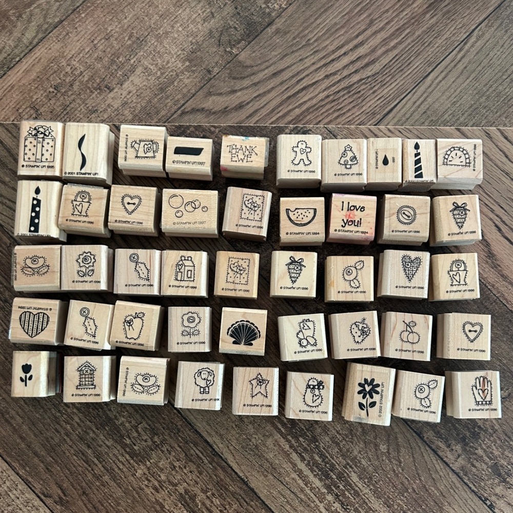 Stampin Up Vintage Mini Wood Block Rubber Stamp Lot 46pc Scrapbook Card Craft